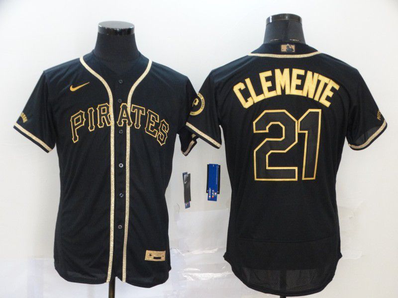Men Pittsburgh Pirates #21 Clemente Black Retro gold character Nike MLB Jerseys